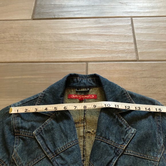 Jennyfer J denim Jean jacket front pockets distressed Patchwork Medium. EC* - Picture 3 of 14